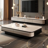 Table Basse Carrée Extensible en Bois et Marbre RH, Meuble TV de Salon avec Tiroirs, Acier Inoxydable, Design Unique et Moderne