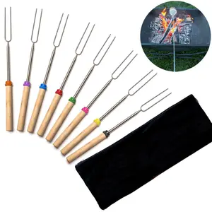 Hot Sale Bamboo Wood Handle Marshmallow BBQ skewers Stainless Steel BBQ Stick Telescoping Marshmallow Roasting Sticks