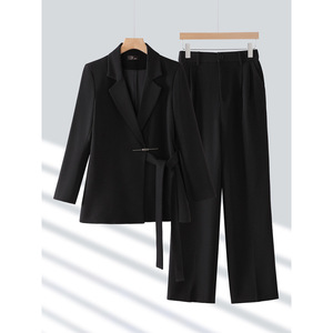 Women's Blazer And Wide Leg Pants Set Full Sleeve Anti Wrinkle Office Lady Leisure Suit - Product Image 3