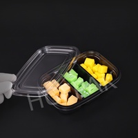Emballage alimentaire jetable écologique en plastique PET RPET rectangulaire à 3 compartiments de 35 oz, base noire, couvercle transparent, boîte à salade
