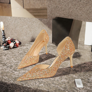 8829-A3 BIGTREE Chaussures de mariée pour femmes de style européen et américain avec découpe latérale peu profonde, talons fins, à enfiler - Product Image 3