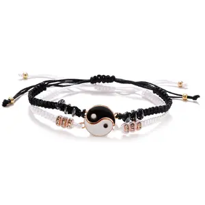 Custom Wholesale 2pcs/set Best Friend Friendship Couple Alloy Braided Rope Studded Yin Yang Bracelet Charm For 2