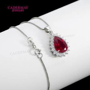 Cadermay Crystal Pendant Necklace Sterling Silver 8x12mm Pear Shape Blue Stone Party Jewelry - Product Image 2