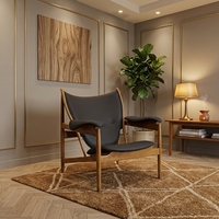 Fauteuil de salon scandinave moderne du milieu du siècle en bois de frêne, fait main, avec accoudoirs sculpturaux en bois courbé et assise en cuir PU capitonnée, idéal pour hôtel