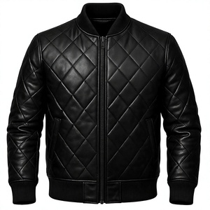 Blouson matelassé en PU uni pour homme avec logo frontal, col montant, fermeture éclair, coupe-vent, style bomber, vêtement d'extérieur décontracté pour automne-hiver - Product Image 1