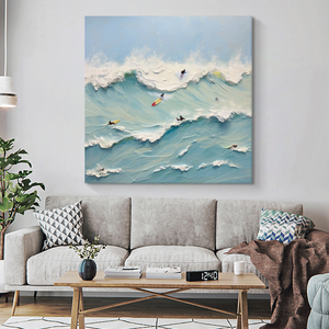 Arte della parete con struttura spessa per la camera pittura ad olio per tele surfista fatto a mano paesaggio marino - Product Image 4