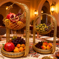 Corbeille à fruits à 2 niveaux en métal doré de style arabe de luxe avec poignée pour bananes, oranges, raisins, décoration de cuisine, cadeau pour le Ramadan et l'Aïd