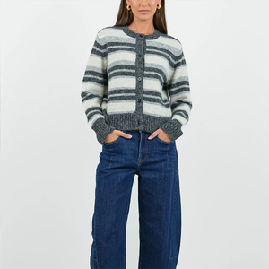 Cardigan en <span class=keywords><strong>tricot</strong></span> à rayures horizontales pour <span class=keywords><strong>femme</strong></span>, col rond, boutonnage frontal, bordure côtelée, manches longues, pull épais et moelleux décontracté pour l'automne - Product Image 2