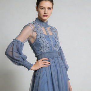 Vestido Casual de Mujer con Cuello en V, Media Manga, Malla Lavanda Personalizable 2026, Diseño Calado con Encaje, Estilo Línea A, para Primavera - Product Image 1