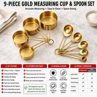 Ensemble de 9 tasses et cuillères à mesurer en acier inoxydable doré avec manche long empilable pour la pâtisserie et la cuisine