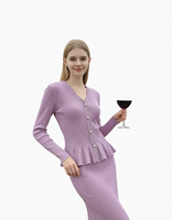 Cardigan en tricot violet à volants pour femme, col en V, côtelé, boutons nacrés, coupe classique, toutes saisons