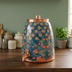 Distributeur d'eau en cuivre avec motif floral bleu et robinet pour usage domestique - Product Image 4