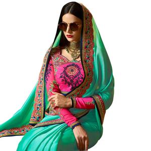 Màu Xanh Bóng Mờ In Saree Với Hai Màu Sắc Voan Satin Vải Đá Làm Việc Và Ren Biên Giới Với Đá Chảo Thiết Kế Màu Xanh Áo May Mặc - Product Image 4