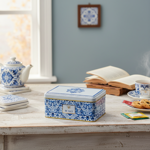 Kontensan <b>Heart</b>-<b>Shaped</b> Tin Storage <b>Box</b> 1.6L Azulejo-Inspired Blue & White Decorative Pattern Multipurpose - Product Image 3