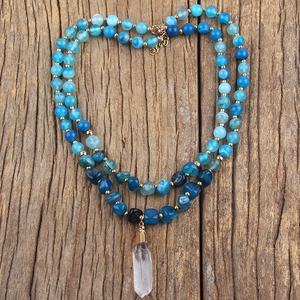 สร้อยคอแฟชั่นหินธรรมชาติสีน้ำเงินเขียวลายเส้นขนาด 8 มม. ประดับด้วยลูกปัดเฮมาไทต์ พร้อมจี้หินดรูซี่แบบยาวสำหรับผู้หญิง สร้อยคอแบบโชคเกอร์ 2 ชั้น - Product Image 5