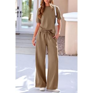 Women's 2 Piece Set <b>Summer</b> Casual Sweatsuit Wide Leg <b>Pants</b> Matching Lounge Outfit Breathable O-Neck Short Sleeve Knitted Set - Product Image 2