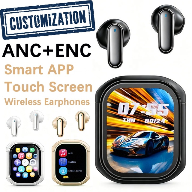 [Customize Your Brand] KY55 Touch Screen Charging Case Earbuds, ANC Active Noise Cancellation Wireless Earphones, HiFi Stereo