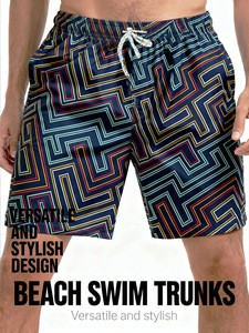 Shorts de bain personnalisés pour hommes, séchage rapide, respirants, motif <span class=keywords><strong>labyrinthe</strong></span>, coupe basse OEM, 5 pouces, motif géométrique <span class=keywords><strong>labyrinthe</strong></span> - Product Image 1