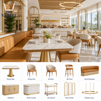 Ensemble de mobilier de salle à manger contemporain pour hôtel avec tables en marbre, banquette, comptoir de buffet et chariot de service
