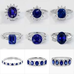 Vente en gros de bagues de fiançailles halo en saphir bleu créé en laboratoire pour femmes bagues de mariage en saphir ovales en plaqué or 18 carats - Product Image 3