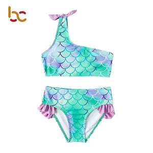 Nette schöne Mädchen Meerjungfrauen drucken Bikini Kind One-Shouler Badeanzüge Asymmetrische Bade bekleidung