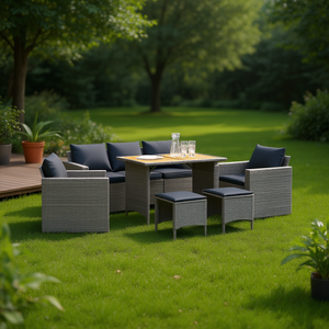 Grey <b>Rattan</b> Garden <b>Sofa</b> Set With Table And Stools Contemporary Outdoor Furniture 6 Seater - Product Image 2