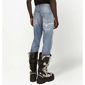 Pantalones de mezclilla vintage de alta calidad, duraderos, con corte semi-acampanado y efecto salpicado de pintura para hombre - Product Image 4