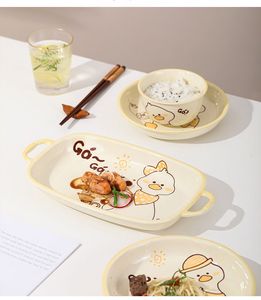 <span class=keywords><strong>Service</strong></span> de <span class=keywords><strong>vaisselle</strong></span> en céramique sans BPA, motif animaux de dessin animé sous glaçure, style nordique, couleur crème, bols et assiettes compatibles micro-ondes pour enfants - Product Image 5