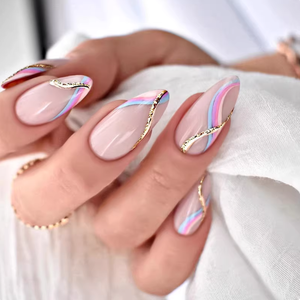 Juego de 10 <span class=keywords><strong>Uñas</strong></span> Postizas Acrílicas con Diseño de Flor Dorada Tridimensional, Forma de Almendra, Cobertura Total - Product Image 5