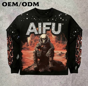 T-shirt Personalizzata: Felpa con Cappuccio Hip Hop con Teschio di Astronauta e Strass, Streetwear con Fiamme, Pullover Unisex per Uomo e <span class=keywords><strong>Donna</strong></span> - Product Image 1