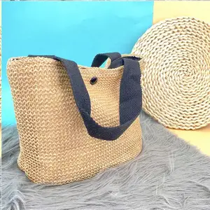 Rafia De Yute La Bolsa Paja Manijas Cuero Bolso Bolsas Favor Para Boda Playa Con Encaje Mango Circulo Embrague Bohemio