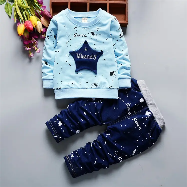 Kausalen Jungen Kleidung Sets Zwei Stück Outfit Baby Star Stickerei Langarm Hemd mit Hose Sportswear Kinder Kleidung Herbst Frühling