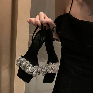 High Heeled <b>Sandals</b> for Women Thin Heels Versatile Outdoor Open Toed Slim Toe Rhinestone French One-piece High-heeled Shoes - Product Image 5