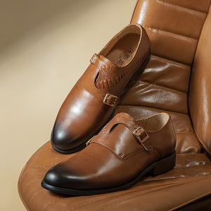 Chaussures pour hommes en cuir de vachette superposé - Chaussures monk à double boucle et bout rond pour l'été - Chaussures en cuir de style rétro pour affaires - Product Image 1