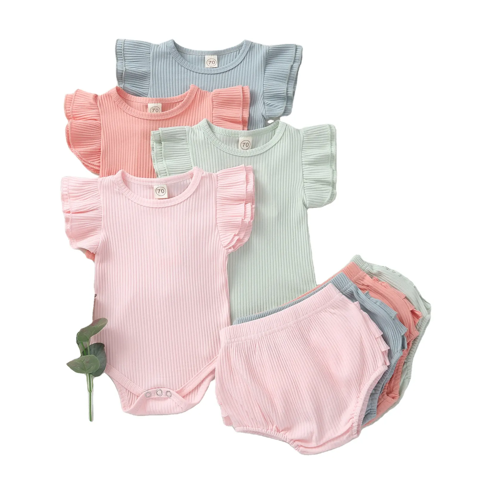 Pelele de algodón acanalado personalizado para niños y niñas, pantalones cortos bombachos, trajes de volantes para bebé, conjunto de ropa