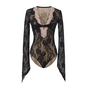 Contrast <strong>Lace</strong> Trim Deep V Neck <strong>Bodysuit</strong> Women Sexy Twist Front Long Sleeve Jumper Top See Through Mesh Lingerie Style Shirt - Product Image 2