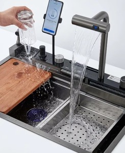 Fregadero de <span class=keywords><strong>Cocina</strong></span> Inteligente con Cascada, Acero Inoxidable 304, Estación de Trabajo Multifunción con Lavavasos y Soporte para Teléfono, Venta al por Mayor OEM ODM - Product Image 3