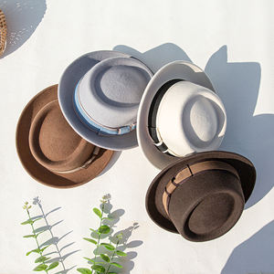 LINGLONG personalizado invierno <span class=keywords><strong>mujer</strong></span> Unisex negro Beige 100% lana australiana cerdo <span class=keywords><strong>Pie</strong></span> Porkpie Hoeden sombreros para hombres Fedora sombreros redondos - Product Image 3