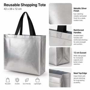 Sac fourre-tout holographique métallisé de taille moyenne, réutilisable, avec poignées en sangle PP pour les courses - Product Image 6