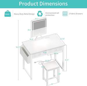 Tocador, con cajón de tela, con espejo y luz, tocador y silla con toma de corriente, dormitorio de niña, blanco - Product Image 3