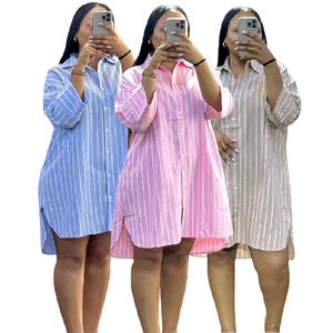 HK73691 Camisas de <span class=keywords><strong>Verano</strong></span> a la Moda <span class=keywords><strong>para</strong></span> Mujer, Cuello Solapa, Cierre de Botón, Rayas, Manga Larga, Largo Medio, <span class=keywords><strong>Blusas</strong></span> Elegantes <span class=keywords><strong>para</strong></span> Mujer - Product Image 1