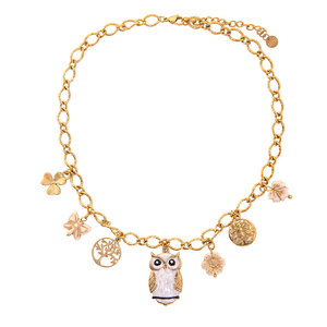 Collana Vintage con Ciondolo Gufo Smaltato in Acciaio Inossidabile Dorato, con Motivi Floreali, Foglie, Ape e Albero, Catena Regolabile, Gioielli da Donna - Product Image 3