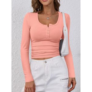 Camiseta Henley de manga larga para mujer, de punto acanalado, ajustada, informal, para otoño - Product Image 3