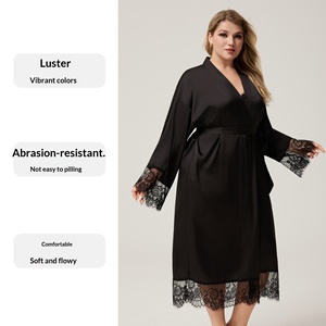 Chemise de nuit pour femme en satin doux recouvert de dentelle, manches trois-quarts, respirante, séchage rapide, taille élastique, grande taille, été - Product Image 2