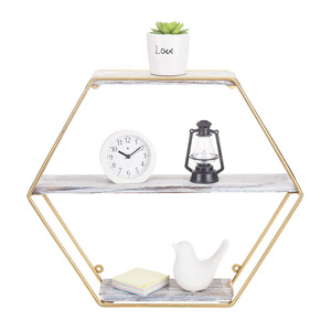 Hexagonal <b>Wall</b> Mounted <b>Shelf</b> 3 Tier Wooden With <b>Gold</b> Frame For Living Room Storage Display - Product Image 5