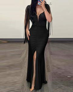 Robe de soirée sexy en sequins, col rond, manches fendues à franges, plissée - Product Image 6