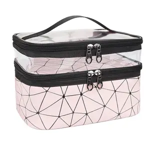 Pink Transparent grid Makeup Bags Double layer Travel Cosmetic Cases Make up Organizer Toiletry Bags