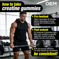 Gummies de créatine complexe 5000mg avec L-Taurine 1000mg et Vitamine B12 – Complément pour la croissance musculaire, l'énergie et la récupération post-entraînement pour hommes