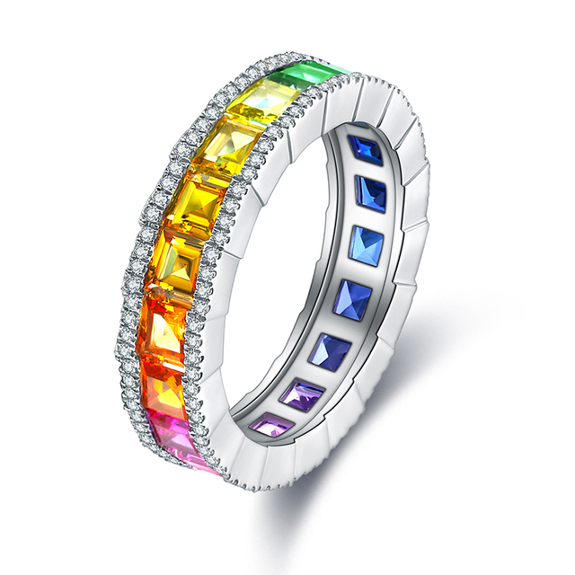 Professional Handwork Jewelry Trapezoid Cut Colorful Gradient Rainbow Stone Eternity Ring
