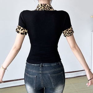 T-shirt à manches courtes en maille à imprimé léopard à col en V tendance pour filles, coupe ajustée, polyvalent, coupe ajustée - Product Image 6